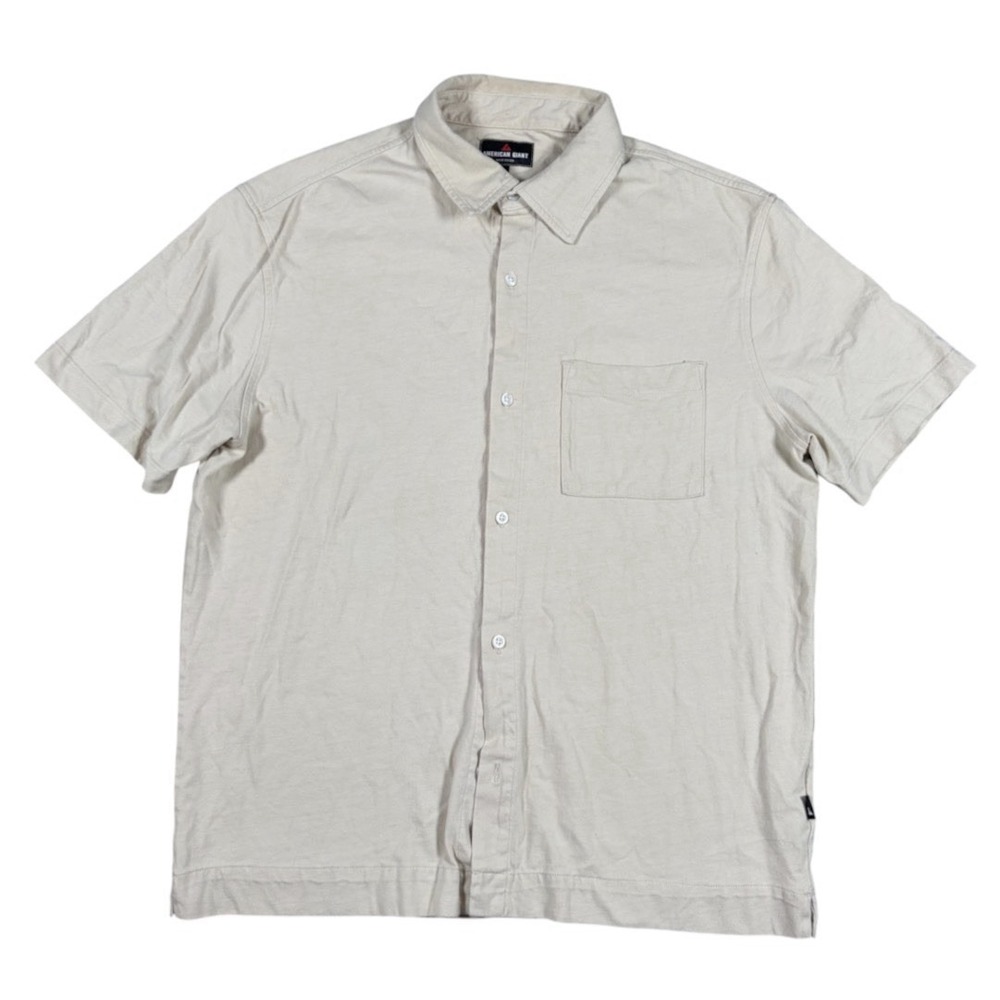 American Giant Mens M Short Sleeve Button Down Shirt Beige 100% Cotton USA